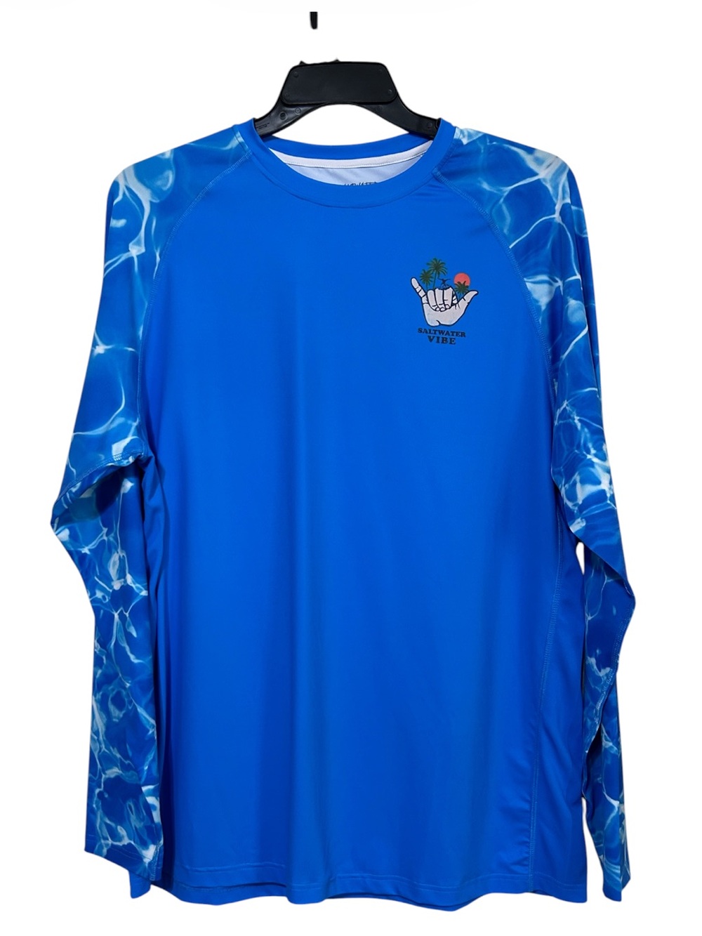 Saltwater Vibe Mens XL Blue Long Sleeve Rashguard Water Print Fishing Shirt Wave
